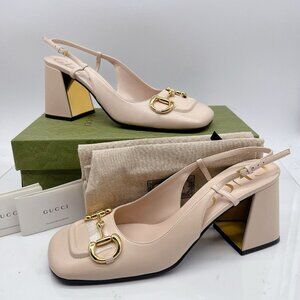 Gucci GG Slingback Horsebit Pumps Chunk Heel Rose Nude Leather EU 42 US 12